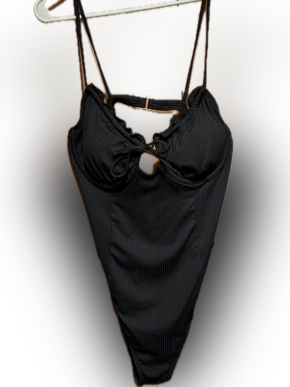 Celebrity Pink Black Ribbed Lace-Up Bodysuit Chemise